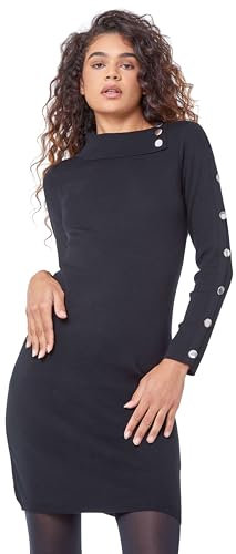 Roman Originals Turtle Neck Button Detail Jersey Dress for Women UK - Ladies Everyday Holiday Autumn Winter Pull-On Long Sleeves Comfy Soft Evening Vacation Work Party - Black - Size 18