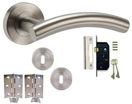 Golden Grace Arched T-Bar Door Handles Lever on Round Rose in Satin Nickel Finish with 3 Lever Lock, Keys & 1 Pair of 3 Hinges