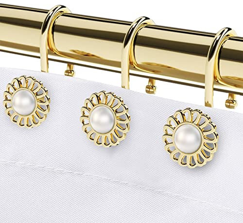 Gold Shower Curtain Hooks Rings, Decorative Shower Curtain Hangers, Heavy Duty Metal Shower Rings, Sunflower Shower Hooks for Shower Curtain Rod and Liner, Bathroom Curtain Hooks, Luxury Gold, iToplin