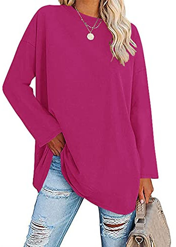 Famulily Women's Long Sleeve T Shirt Ladies Basic Tunic Tops Round Neck Tshirts Hot Pink L