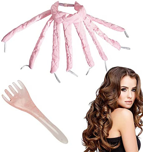 Heatless Lockenwickler mit Trageware Kopfmassager Set, Mehrzweck-Kopfhaut-Gua-Sha-Kamm,Akupunktmassage, Octopus Heatless Curls für DIY-Styling für Frauen Mädchen… PINK 01