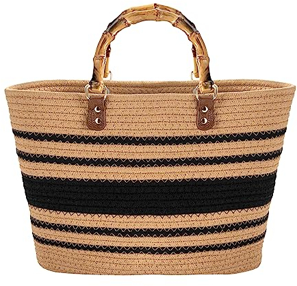 MengH-SHOP Tote Bag Summer Beach Bag Retro Handwoven Handbag with Imitation Bamboo Top Handle for Travel Beach Vacation, Khaki & Black