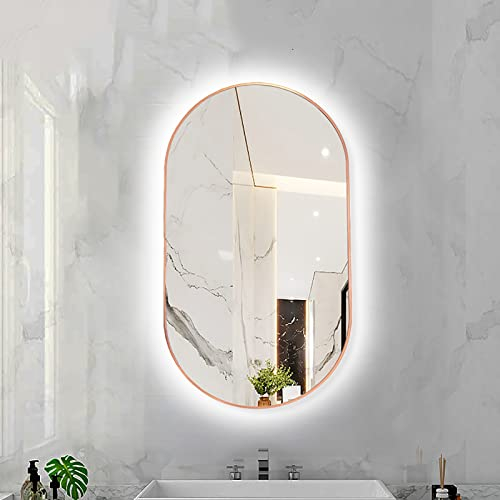 Ovaler LED-Badezimmerspiegel mit Metallrahmen, Hinterleuchteter Beleuchteter Beleuchteter Wandbehang-Kosmetikspiegel für Badezimmer-Schlafzimmer-Eingangsbereich(Color:Rose Gold - White Light,Size:40X6