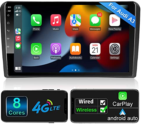 Android Autoradio Wireless CarPlay Wireless Android Auto für Audi_A3 S3 RS3 2GB+32GB 9 Zoll QLED Bildschirm AM FM RDS Radio WiFi Doppeltes Bluetooth Audio Auto Stereo mit Navigation