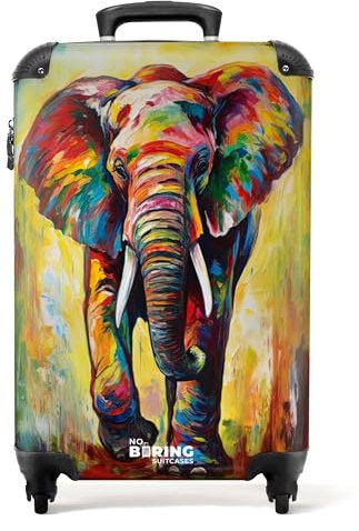 NoBoringSuitcases.com® Handgepäck Koffer 55x35x20 cm Trolley Reisekoffer Handgepäck-Koffer 4 Rollen Leicht Carry on Luggage Hartschalenkoffer Ölfarbe - Elefant - Farbenfroh