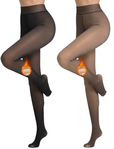 Vertvie Damen Thermo Strumpfhose Translucent Winter Leggings mit Innenfleece High Waist Gefütterte Plüschstrümpfe Durchscheinend Warmhaltende Pantyhose (2pc Translucent Braun/Schwarz, 300g für -5~10℃)