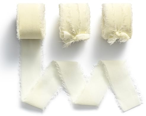 MORSUNBELA Chiffonband Creme Geschenkband Fransen Beige Dekoratives Band Festival Bänder Basteln Schleifenband Hochzeit Dekoband für Geschenkverpackung Geburtstag,3 Rollen,25mm x 19 m