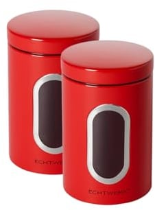 ECHTWERK Boîtes à provisions stylées, Lot de 2, rouge, Pour la conservation de la farine/du sucre/des céréales, Boîte métallique avec couvercle hermétique et grande fenêtre de visualisation