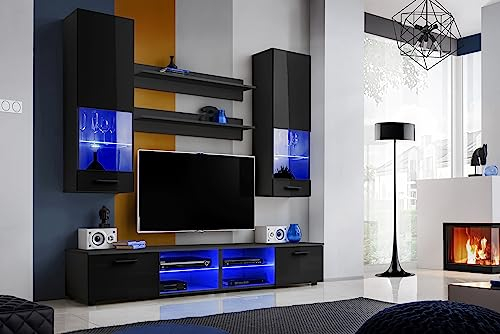 Komodee, Wohnwand Wohnzimmerset RTV Varallo, Schwarz Hochglanz/Schwarz Matt, Breite 200cm x Höhe 195cm x Tiefe 45cm, LED RGB, für Wohnzimmer, Schlafzimmer