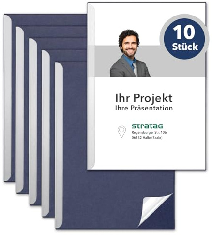 STRATAG Klemmschienen-Set (10 Stück) mit transparentem Deckel aus PP Kunststoff sowie Binderücken aus stabilem 350 g/m² Karton (Klemmmappe A4 Blau Tiefseeblau)