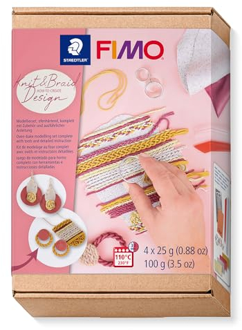 STAEDTLER FIMO 8025 ofenhärtende Modelliermasse, How-to-Create-Set Strick-Design, Kartonbox mit 4 Halbblöcken à 25 g (sortierte Farben), Ausstechformen, Modellierwerkzeug