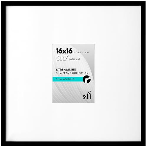 Americanflat 16x16 Picture Frame with Polished Plexiglass - Use as 5x7 Frame with Mat or 16x16 Frame Without Mat - Streamline Collection - Thin Picture Frame for Wall Display - Black