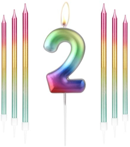 Regenbogen-Kerze mit 6 langen Stabkerzen, Metall-Stil, Regenbogen-Geburtstagskerze, Kuchendekoration, Happy First Birthday-Kerze, farbige Kuchendekoration für Mädchen und Jungen,