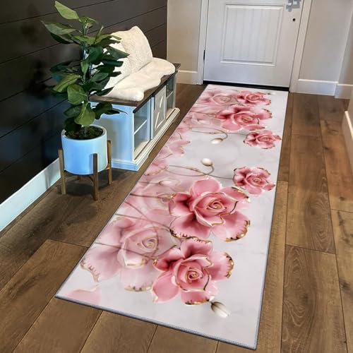 Siunwdiy 3D Teppich läufer Flur küche rutschfest Waschbar Mit Blumenmuster 40x140cm Rosa Rose Flurteppich küchenläufer lang Korridor -Teppichläufer Küchenteppich Meterware Anpassbar