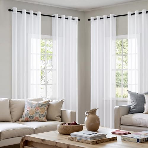 MIULEE Sheer Voile Vorhang mit Ösen Transparente Optik Gardine Ösenvorhang Ösenschal Transparent Durchsichtig für Schlafzimmer Wohnzimmer 140x235 cm (B x H) 4er Set Weiß