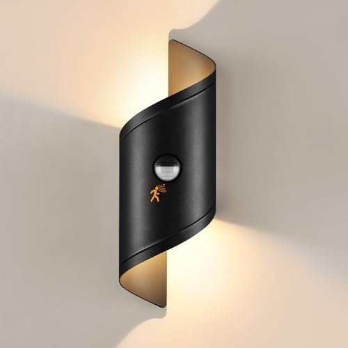 YindaLux 14W Außenleuchte mit Bewegungsmelder, LED Wandleuchte Innen/Außen, IP65 Wasserdichte Außenlampe Wand 3000K Warmweiß, Modern Up Down Wandlampe Aussen, Aluminium Aussenlampe für Flur, Schwarz