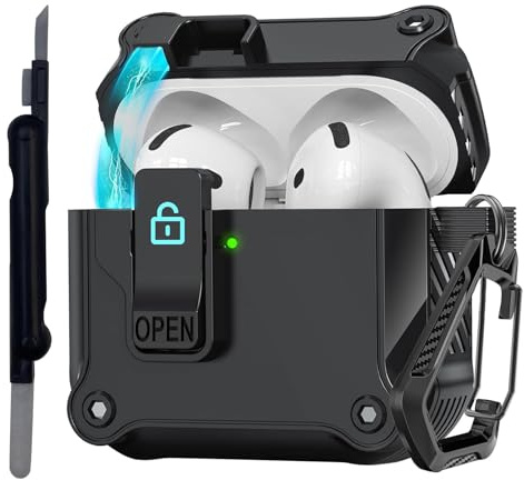 LunarCharm Hülle Anwendbar auf AirPods 4 Gen (2024) (USB-C) mit Schlüsselanhänger und Reinigungsstift, Starker Fallschutz, Auto-Open-Serie, Schwarz