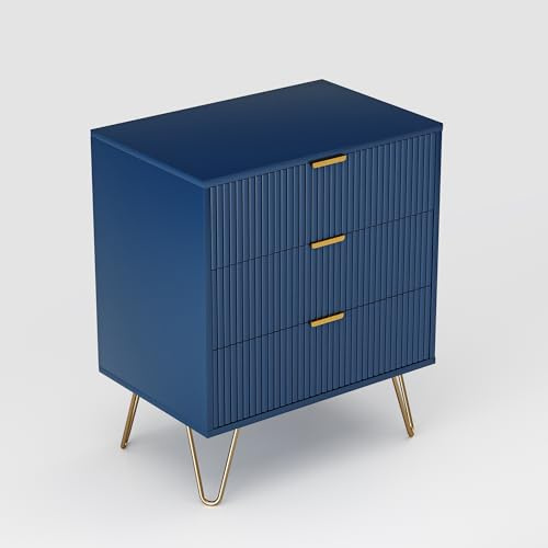 Luminarix Kommode mit 3 Schubladen, Nachttisch Bedside Table, Schrank Nightstand Nachtkästchen Sideboard, Komodenschrank für Schlafzimmer Wohnzimmer, 60x40x70 cm, Blau