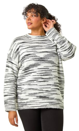 Roman Curve Broken Stripe Knit Jumper for Women UK - Ladies Everyday Autumn Winter Round Neckline Comfy Soft Evening Vacation Work Party Night Out - Black Plus - Size 18
