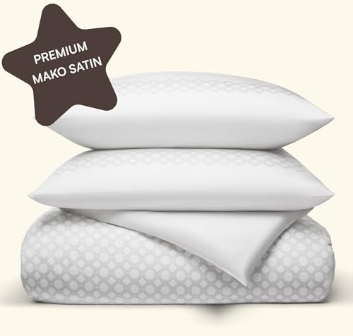 Amqua Mako Satin Bettwäsche 135x200 Weiß |Bettwäsche Set 135x200 Muster| inkl. 80x80 Kissenbezug | wie Seidenbettwäsche oder Baumwollsatinbettwäsche | weich & hochwertig Elora