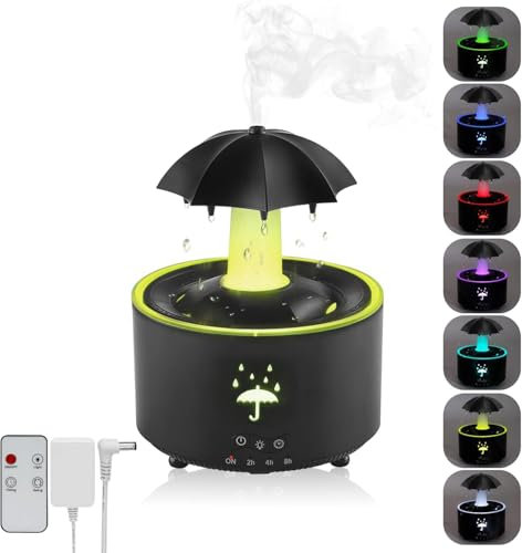 Humidifier for Bedroom, 7-Color Rotating Umbrella Humidifier, Rain Sounds White Noise Air Humidifiers with Remote & Timer, Humidifier Aroma Diffuser for Bedroom Desk, Auto Shut Off, 300ML (Black)