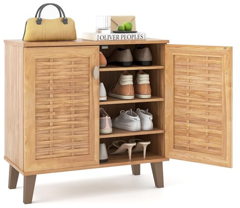 COSTWAY Wooden Shoe Cabinet, Freestanding Hallway Cupboard with Double Woven Doors and Removable Shelves, Compact Shoe Storage Organiser Footwear Rack for Entryway Living Room, 75x37x74cm, Teak