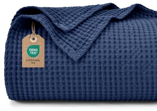 PHF 100% Baumwolle waffledecke Kuschedecke 230x270cm, leicht & atmungsaktiv, perfekt für das ganze Jahr - Oeko-TEX® Zertifiziert - Hotelwäschequalität - Ideal für Sofa Couch Bett, Dark Navy