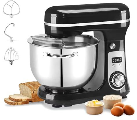 Miscelatore da 6 Litri con Potente Motore da 1200 W, Design a Testa inclinata a 6 velocità e Ciotola in Acciaio Inossidabile - Include Gancio per Pasta, frullino Piatto e Frusta per Uova,Black
