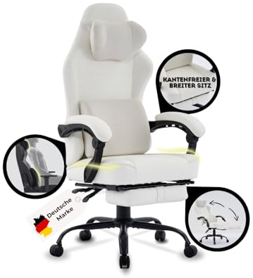 PixelPilot Ergonomischer Gaming Stuhl [Atmungsaktiver Stoff] Chair mit Fußstütze, Kopf- und Lendenwirbelstütze, Gamer PC Stuhl [breite Sitzfläche] Bürostuhl 150 kg Belastbarkeit (Nebula, Weiss)