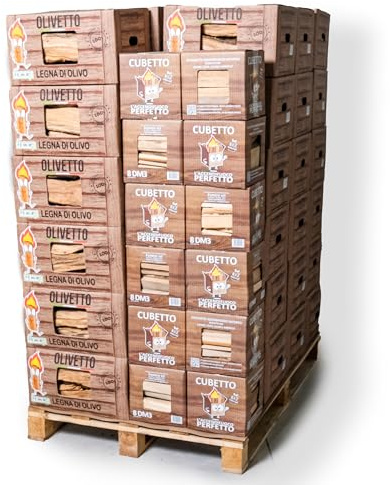 OLIVETTO Legna da ardere di olivo da 10 kg + CUBETTO legnetti accendifuoco da 4 kg in scatola di cartone. Ideale per camini, stufe, forni, pizzerie e barbecue. Confezioni da 3+1 a 45+12. (460 Kg)