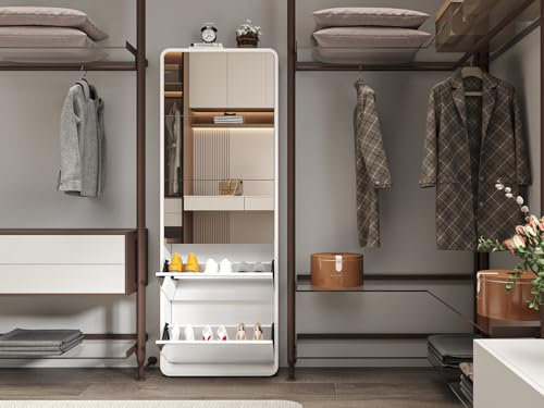 Zapatero con espejo de cuerpo entero, zapatero estrecho de 5 puertas con cajón abatible, organizador oculto para la entrada.