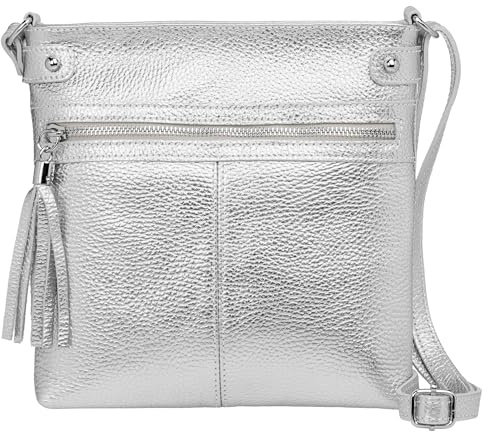Caspar mittelgroße Leder Crossbody Messenger Bag Umhängetasche klassisch sportliche Damen Tasche - CLASSIC LINE - Modell No.825 - Made in Italy, Farbe:silber metallic
