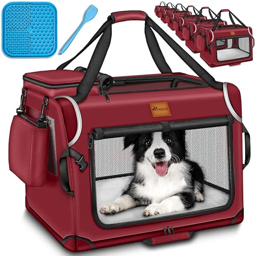 TRESKO® Hundebox faltbar mit Leckmatte, Spatel & Reflektoren XXL 92x63x63cm | Transportbox für Hunde und Katzen | Hundetransportbox Auto für kleine & große Hunde | Hundetasche für Zuhause robust