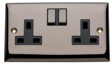 Britelite Double Switched Plug Socket, Black Nickel, 13A | Type g UK wall outlet; 13 amp zinc made electrical hardware for home décor; zinc construction.