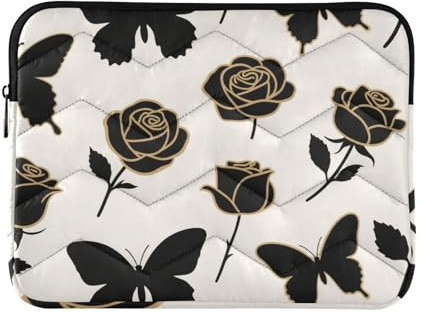 Laptop Sleeve Case 13-14 Inch Polyester Travel Laptop Sleeve Bag Fashion Black Gold Rose Flower Butterfly for Travel Business Latitude case