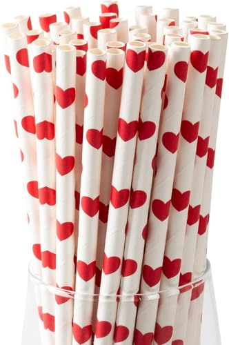 Red Hearts on White Paper Straws, Pack of 100 Paper Straws | Biodegradable drinking straws for cocktails, weddings, Valentine's Day (21 cm x 0.6 cm)