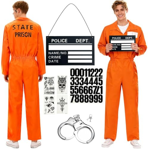 HuaMuDM Gefängnis Kostüm Orange Herren Damen,Prisoner Overall Kostüm,Prisoner Overall Costume mit Sträfling Accessoires,für Erwachsene Cosplay Karneval Halloween