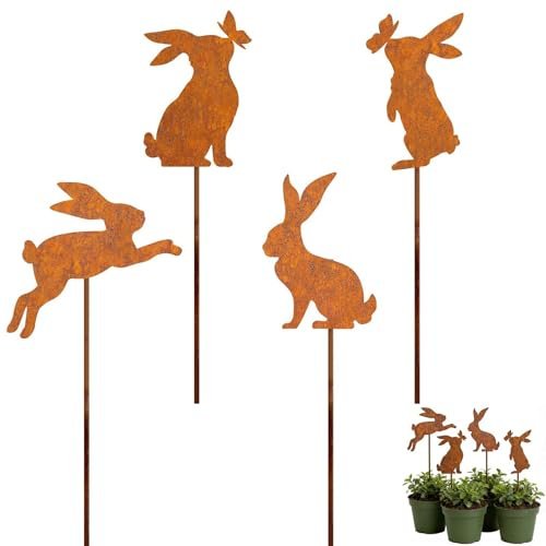Hedremy 4er-Set Gartenstecker Hase aus Rost, Rostdeko mit Metallstab für Draußen, Gartendeko Rost, Frühlingsdeko Draußen, geeignet für Garten, Balkon und Terrasse