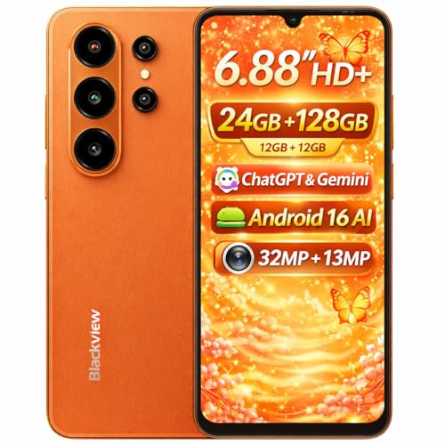 Blackview Wave 10 AI Smartphone, 6,88 HD+ Pantalla, 24GB+128GB(2TB Externa), 3 Asistentes Inteligentes IA, Cámara 32MP+13MP, Ranura para 3 Tarjetas, Android 16 Dual SIM, Teléfono Móvil GPS, Naranja