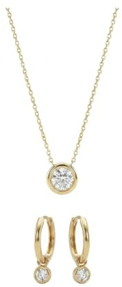 Suzan Gold® 375 Echtgold Schmuckset Damen Halskette Creolen Zirkonia Solitär elegant wasserfest nickelfrei Geschenk Set Cirélia Solitär hochwertig