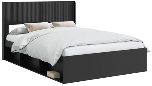 vidaXL Bettgestell mit Stauraum und Kopfteil Schwarz 160 x 200 cm, Moderne Bettgestell, rechteckig, Stauraum, Latten-Design, praktische Möbel für Dein Schlafzimmer