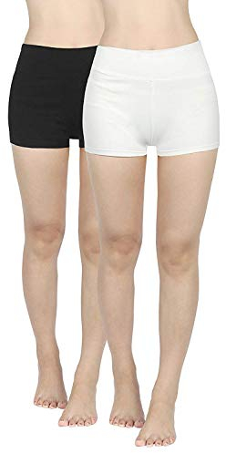 4How 2er Pack Sport Shorts Damen kurz eng Tights Radlerhose Baumwolle Sporthose Fitness Yoga Cycling Shorts Hotpants Blickdicht Schwarz+Weiß S