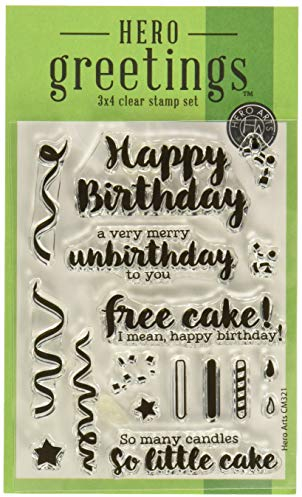 Hero Arts Transparenter Stempel mit Aufschrift „Greetings Birthday“.