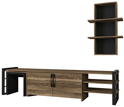 moebel17 5194 Epica Wohnwand modern Anbauwand TV Lowboard Mediawand, Braun Schwarz, Holz, Metallfüße, Hängeregal, 2 Türen, integrierte Beistelltische, viel Stauraum, matt, 180 x 46 x 39 cm