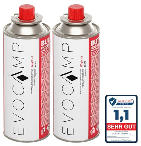 EVOCAMP 2X Stück Butan Gaskartuschen 227g Typ MSF-1a Bajonett Ventil ideal für Campingkocher, Gasheizung, Unkrautbrenner, Camping Gas Butangas Kartusche, Universaldruckgasdose für Camping und BBQ