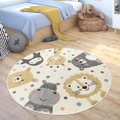Paco Home Teppich Kinderzimmer Kinderteppich Waschbar Junge Mädchen Spielteppich Rund Modern Zootiere, Grösse:160 cm Rund, Farbe:Beige