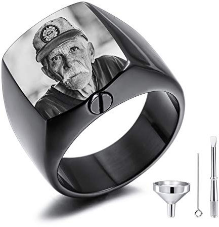 MeMeDIY Personalisierte Urne Ring Siegelring für Männer Haustier Gravur Schwarz & Weiß Bild Gedenktaschenhalter aus Edelstahl Souvenir mit Trichterbausatz Ringgrößeneinsteller (Schwarz Größe 60)