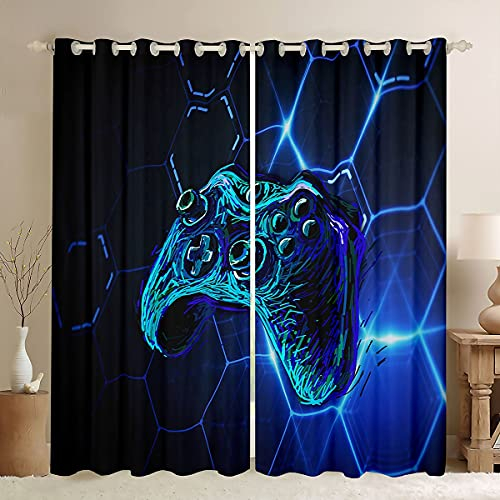 Game-Gaming-Fenstervorhänge für Schlafzimmer, Wohnzimmer, Gamepad-Vorhänge für Kinder, Jungen, Mädchen, Blau, Joystick-Fenstervorhänge, Wabenmuster, Blau, 46 x 54 cm (B x L)