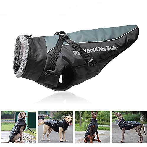 Hundemantel Wendbare, wasserdichte, mit abnehmbarem Geschirr-Design und gefaltetem Pelzkragen Kein Ziehen, kein Ersticken, kuschelige Kleidung bei kaltem Wetter für und große Hunde (6XL)