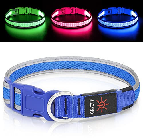 Bpawser Hundehalsband Leuchtend USB Aufladbar, LED-Hunde Leuchthalsband für mittelgroße große Hunde, Sicherheit beim Laufen in der Nacht, Blau M